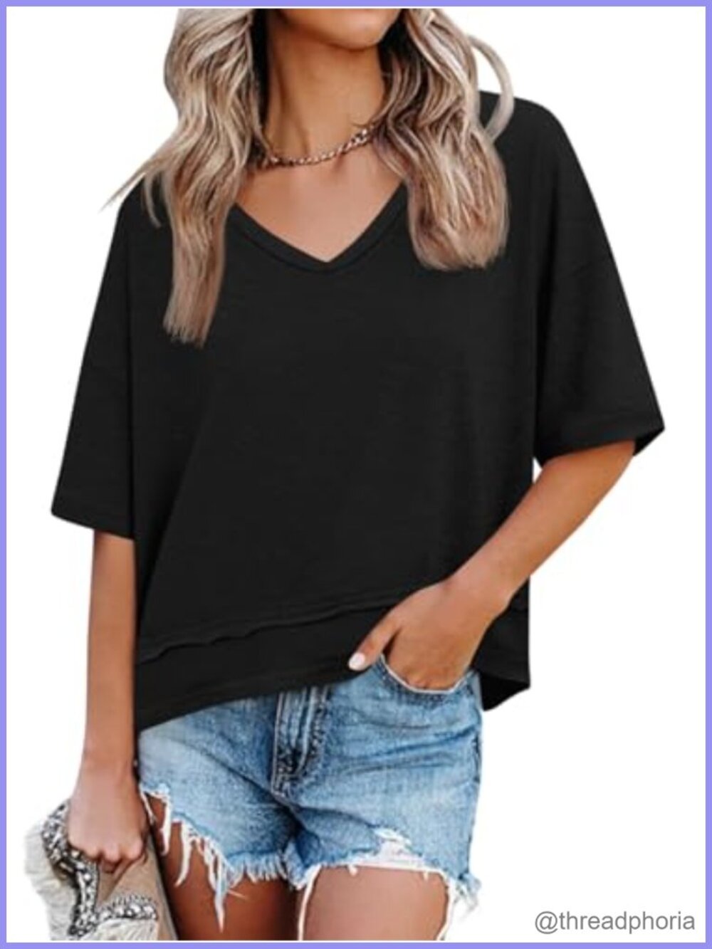Womens V Neck Short Sleeve Loose Fit Casual Summer T Shirt Top
